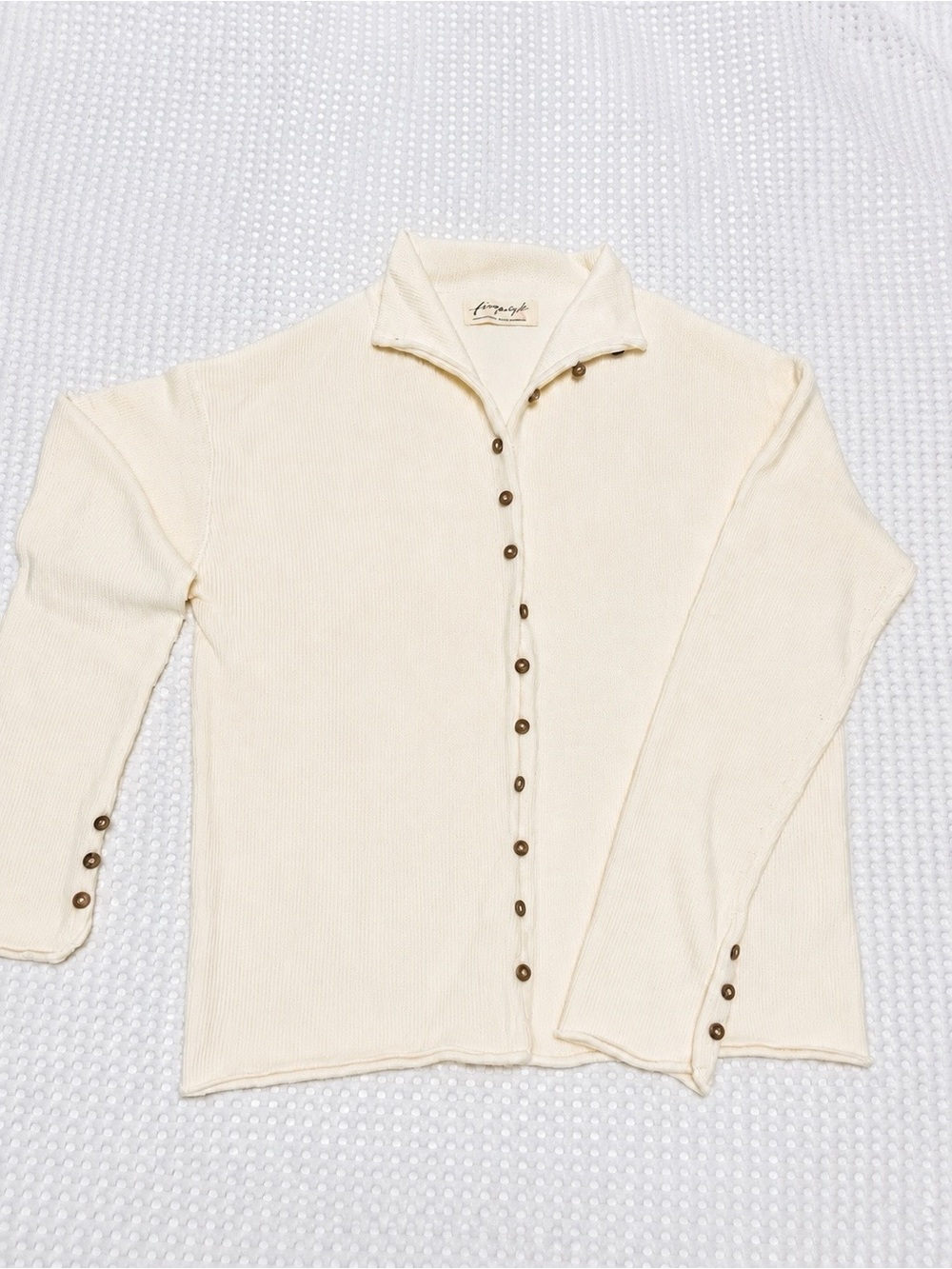 Free People Cream Cotton Cardigan | Floral Buttons • Rolled Trim • Textured Knit